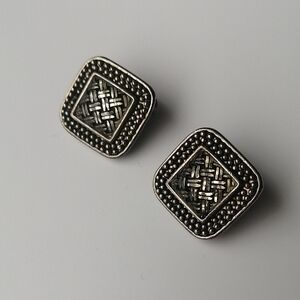 Vintage Earrings Silver-plated Clip-on Square Textured Raised Center